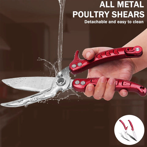 Heavy Duty Poultry Shears And Kitchen Scissors Two Pack For Chicken Turkey Meat And Herbs Vegetables With Serrated Edge And Extra Thick Blades Stainless Steel Burgundy Color in use, showing ergonomic grip and detachable design.