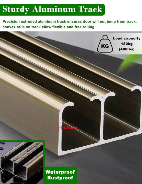 Double Sliding Door Track Hardware Kit For Bypass Doors For Three Quarter To One Inch Doors With Floor Guide And Rollers Top Mount Pocket Closet Track System Silver 39 Inch Length Smooth Quiet Glide Easy Install showing sturdy aluminum track with 180kg load capacity and waterproof rustproof feature.