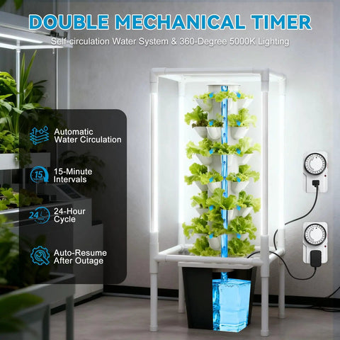 Space Saving Vertical Hydroponic Garden Tower With 5000K Full Spectrum Grow Lights And Dual Timers, plants visible indoors