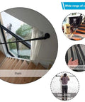 Built Rock Solid Black Wrought Iron Stair Handrail, Heavy Duty Galvanized Pipe Step Railing For Indoor Outdoor Homes, No Slip Wall Mount Grab Bar For Bathrooms And Hallways, Durable 13 Foot Support mounted along wooden staircase.