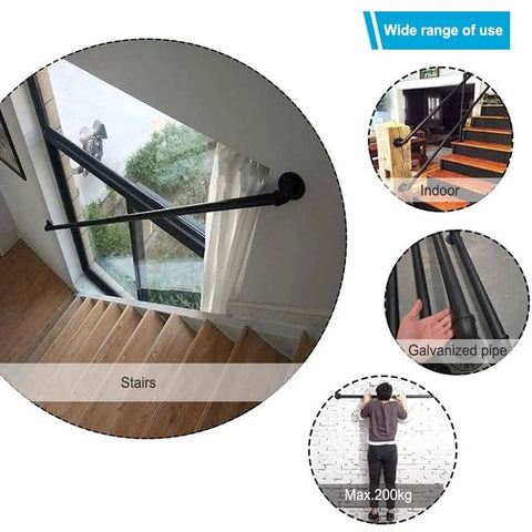 Built Rock Solid Black Wrought Iron Stair Handrail, Heavy Duty Galvanized Pipe Step Railing For Indoor Outdoor Homes, No Slip Wall Mount Grab Bar For Bathrooms And Hallways, Durable 13 Foot Support mounted along wooden staircase.
