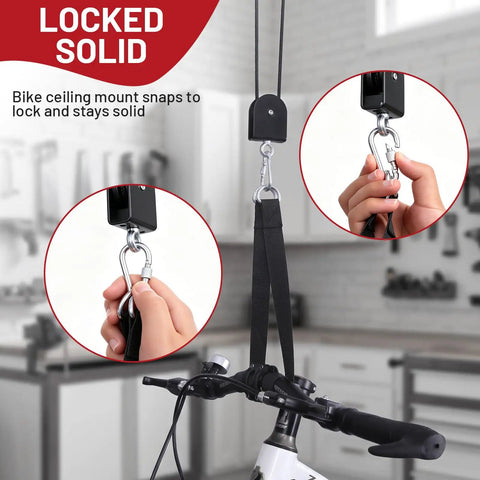 Close-up of 2 Pack Bike Ceiling Hoist Storage System for Garage Weight Lifting Gear with locking mechanism and pulley.