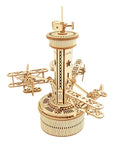 10 Inch 3D Wooden Puzzle Airplane Tower Music Box DIY Mechanical Model Kit For Adults Windup Rotating Tower That Plays Its A Small World, wooden biplane model