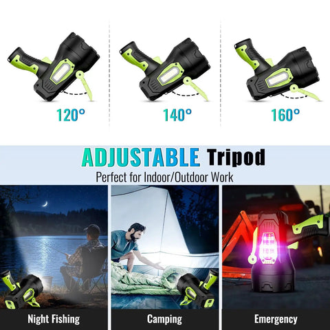Rechargeable Spotlight 2,000,000 Lumen Handheld Searchlight With Foldable Tripod showing adjustable angles and uses