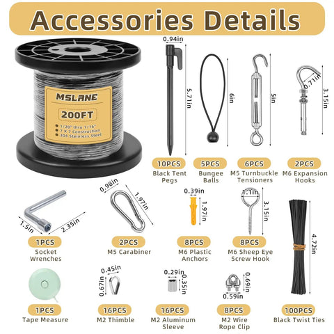 1/16 Inch Black Vinyl Coated Stainless Steel Wire Rope Kit, 200 Ft, 304 Stainless, accessories including M5 turnbuckles etc.