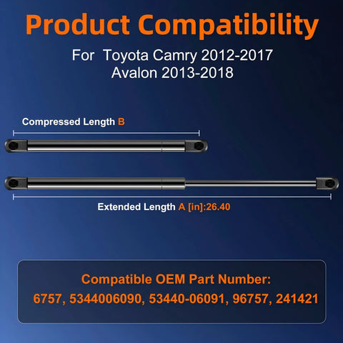 Set Of 2 Hood Strut Lift Supports For Toyota Camry 2012 To 2017 And Avalon 2013 To 2018, Front Hood Shock Absorbers specs chart