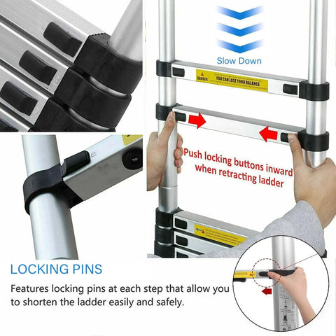 Hands demonstrating safe retraction mechanism on 8.5 Ft Telescoping Aluminum Ladder For Home And Outdoor Projects
