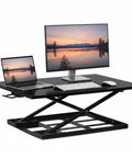 32 By 22 Inch Standing Desk Converter With Gas Spring Lift Slim Two And A Half Inch Low Profile Sit Stand Desk Riser with monitor and laptop
