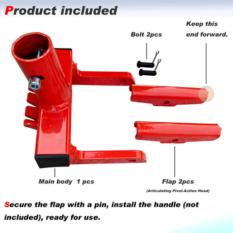 Pallet Buster Tool Head Only No Handle With Nail Remover And Locking Screw For Quick Pipe Handle Attachment Fits 1 Inch Nominal Diameter Pipe Deck Board And Pallet Friendly Pry Bar Replacement red steel head, bolts and flaps shown