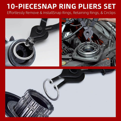 10 Piece Snap Ring Pliers Set Heavy Duty Internal And External Circlip Pliers Kit With Straight And Bent Jaw Tips Hook Pick Gloves And Storage Case For Quick Ring Installation And Removal shown in use