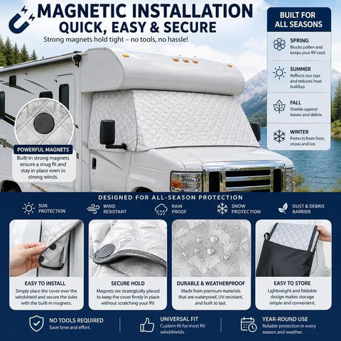 RV Windshield Sun Shade For Solis 59PX 2020 To 2026 Exterior Mounted Windshield Cover For Class C Motorhomes Blocks Sunlight Reduces Heat