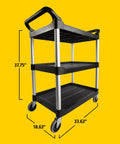 Heavy Duty Three Shelf Rolling Service Cart Built To Haul For Foodservice Restaurant Cleaning And Warehouse Or Garage Use 200 Lb Capacity Black Durable Rust Resistant Easy Maneuverable Ergonomic Handle, 37.75x33.63x18.63 in