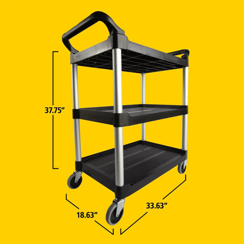 Heavy Duty Three Shelf Rolling Service Cart Built To Haul For Foodservice Restaurant Cleaning And Warehouse Or Garage Use 200 Lb Capacity Black Durable Rust Resistant Easy Maneuverable Ergonomic Handle, 37.75x33.63x18.63 in