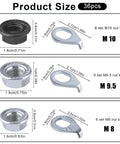 Image showing detailed sizes of M8, M9.5, M10 nuts and safety washers in Bike Axle Nuts And Safety Washers Kit for MTB city road bikes.