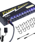 10 Isolated DC Outputs Guitar Pedal Power Supply with 9V 100mA, 9V 500mA, 12V and 18V Rails, includes cables and adapter.