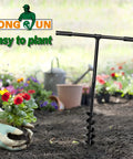 Hand Drill Auger Post Hole Digger For Gardening 4 Inch Diameter By 38 Inch Length Manual Spiral Drill Bit standing in garden soil