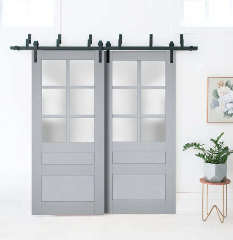 Veregio 7339 Interior Barn Bypass Sliding Doors with Frosted Glass and Solid Wood Heavy Duty 84 by 96 Inches Black Finish