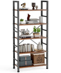 5 Tier Rustic Brown Bookshelf Tall Display Shelf For Living Room Home Office Space Saving Storage Organizer with decor items.
