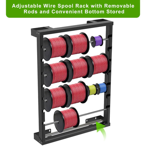 Heavy Duty Wall Mount Wire Spool Rack Featuring Six Adjustable Rods And Rust Resistant Steel For Garage Cord Organization That Handles Daily Grind Like A Champ, displaying multiple spools.