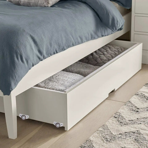 Image of underbed drawer with 8 Pack One And One Quarter Inch Low Profile Fixed Side Mount Casters Wheels For Furniture Underbed Cabinets Non Swivel Drawer Rollers Rigid Small Wheels Space Saving Design Load 36 Lb Each Easy Glide Replacement.