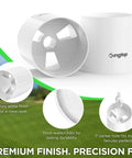 Golf Hole Cup Set 4 Inch Tall, PGA USGA Standard, 6 Pack with drainage system, ivory ABS finish on a green background.