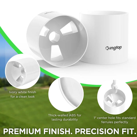 Golf Hole Cup Set 4 Inch Tall, PGA USGA Standard, 6 Pack with drainage system, ivory ABS finish on a green background.