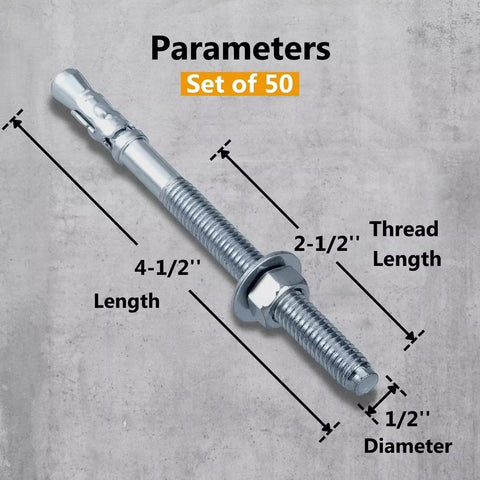1/2 x 4-1/2 Inch Wedge Anchor Bolts, 50-Piece Zinc-Plated Concrete Anchors for cement and concrete with labeled measurements