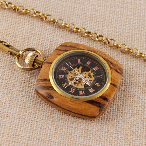 Retro Square Red Brown Wooden Hand Wind Pocket Watch For Men With Chain Capless Hollow Mechanical Timepiece No Battery Classic Vintage Vibe For Everyday Carry