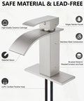 Waterfall Spout Bathroom Faucet With Single Handle 1 Hole Mount Modern RV Lavatory Vanity Basin Tap Brushed Nickel Finish Includes Water Hose Short Body No Drain showing key features and materials.