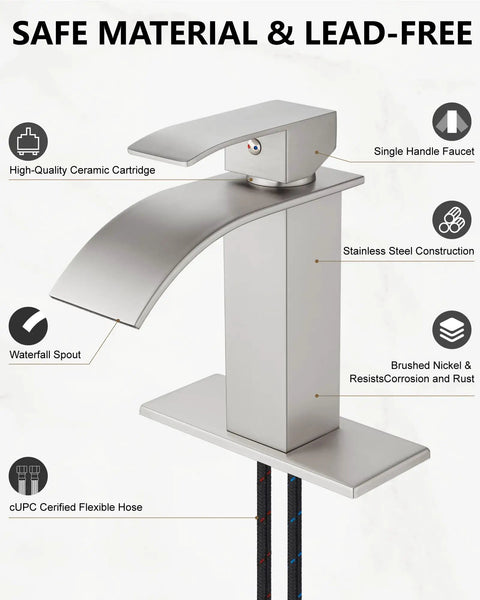 Waterfall Spout Bathroom Faucet With Single Handle 1 Hole Mount Modern RV Lavatory Vanity Basin Tap Brushed Nickel Finish Includes Water Hose Short Body No Drain showing key features and materials.