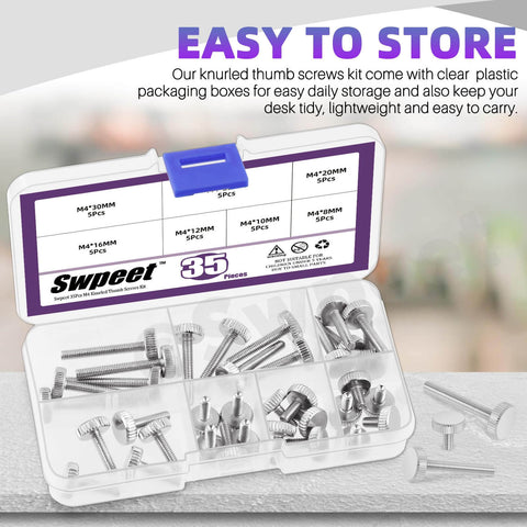 Thumb Screw Set With Knurled Flat Heads, Fully Threaded, 35-Piece Nickel Plated Assortment In 7 M4 Sizes in open case