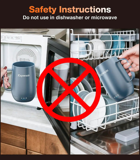 Keep Your Daily Grind Piping Hot All Day Long With This Badass Rechargeable Self Heating Coffee Cup Featuring Adjustable Temp Control And Snag It Up Now For That Perfect Sippin Experience safety instructions against microwave and dishwasher use.