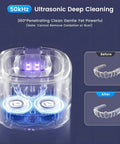 Rechargeable Ultrasonic Retainer Cleaner With 50KHz Cleaning Power, showing 360° deep cleaning effect on aligners before and after