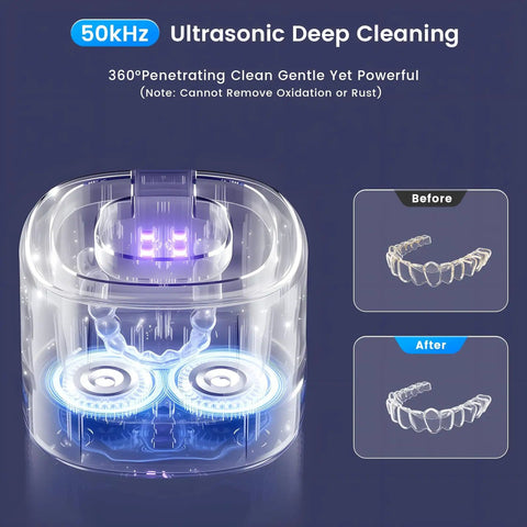 Rechargeable Ultrasonic Retainer Cleaner With 50KHz Cleaning Power, showing 360° deep cleaning effect on aligners before and after