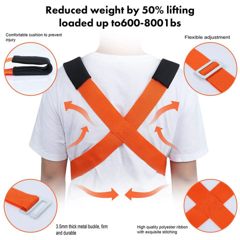 Heavy Duty Padded Moving Straps And Lifting Harness For Couches Furniture And Appliances Ergonomic Shoulder Gear. Orange adjustable straps with metal buckle.