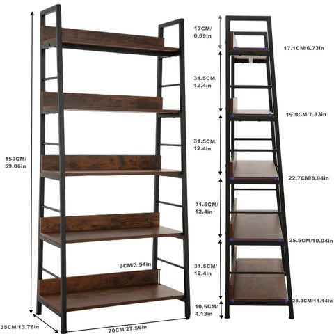 Solid Five Tier Industrial Ladder Bookshelf In Rustic Brown, Steel Frame Leaning Rack For Plants And Daily Gear, Hella Sturdy Freestanding Floor Bookcase For Chill Living Rooms Or Crisp Home Studios