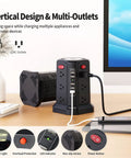 Beefy Heavy Duty Surge Protector Power Strip Tower with five USB ports, 12 outlets, night light, 10 ft cord, on a desk.