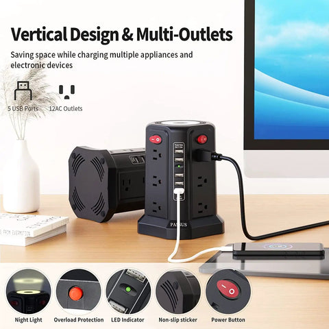 Beefy Heavy Duty Surge Protector Power Strip Tower with five USB ports, 12 outlets, night light, 10 ft cord, on a desk.