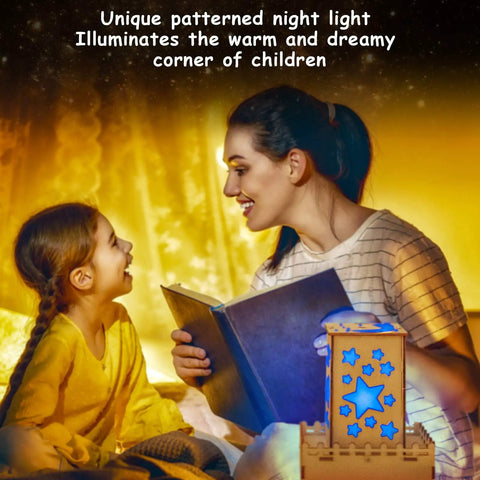 Mother reading to daughter beside starry night light from 4 In 1 STEM Kit For Kids Ages 6 13 Build A Ferris Wheel Carousel Fiber Optic Lamp And Starry Night Light Hands On Science Toys For Boys And Girls Cool Birthday Gift.