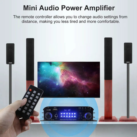 Front view of 4 Channel Bluetooth 5.0 HiFi Power Amplifier With 50W Per Channel And 1200W Max For Home Theater, remote in hand.
