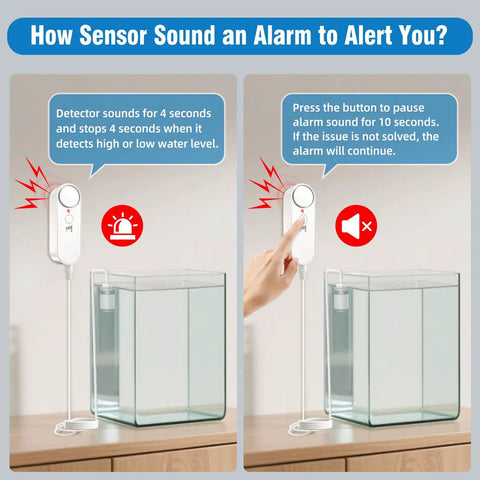 Water Level Alarm Sensor For Basements with 100 dB alert, detector cable, and pause button near tank for flood prevention