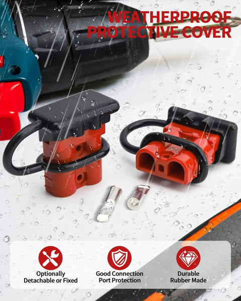 Universal Battery Quick Connect Kit Four Pack 50 Amp For 6 To 12 Gauge Cables 12V 36V Systems weatherproof red connector with rubber cover