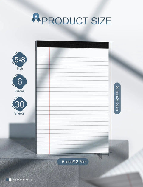 5x8 Legal Pads For Work And School, 80 GSM Paper, College Ruled Notepads, 30 Sheets Each, 6 Pack displayed with size details.