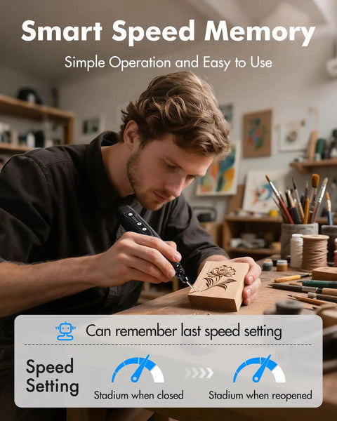 Person using Badass Cordless Mini Rotary Tool With Five Speed Settings And Eighteen Thousand RPMs Rechargeable Engraving Pen engraving wood.