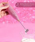 Electric Rhinestone Handheld Milk Frother With Double Coil Whisk And Gold Stand Pink Battery Powered Portable Frother In Use
