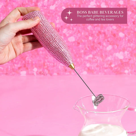 Electric Rhinestone Handheld Milk Frother With Double Coil Whisk And Gold Stand Pink Battery Powered Portable Frother In Use