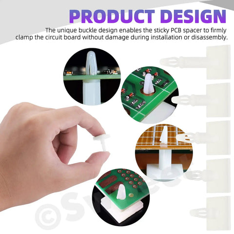Hella Sturdy White Adhesive Insulated PCB Standoffs Assortment Kit 75 Pack featuring unique buckle design for secure circuit board clamping.