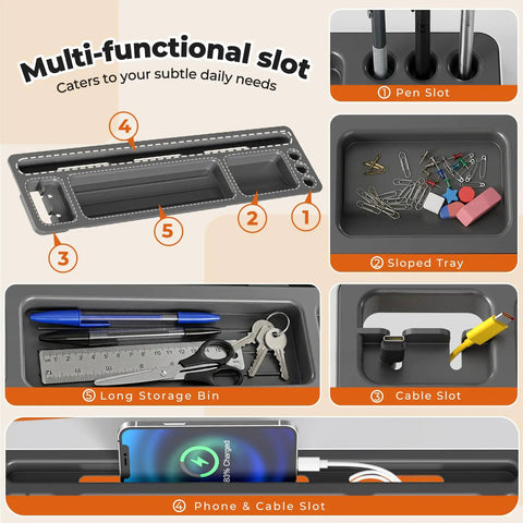 Adjustable Height Rolling Desk With Drawer Swivel Casters Mobile Standing Workstation Slides Under Low Sofa And Bed Smooth Glide Design storage slot with pen, cable, and phone compartments.
