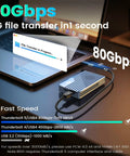 Thunderbolt 5 M.2 NVMe SSD Enclosure With 80Gbps Knockout Speed, connected to a laptop during a file transfer.