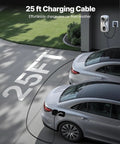 Fast Level 2 EV Charger 48 Amp 11.5kW 240V with NEMA 14-50 plug connected to cars with 25ft J1772 cable in driveway.